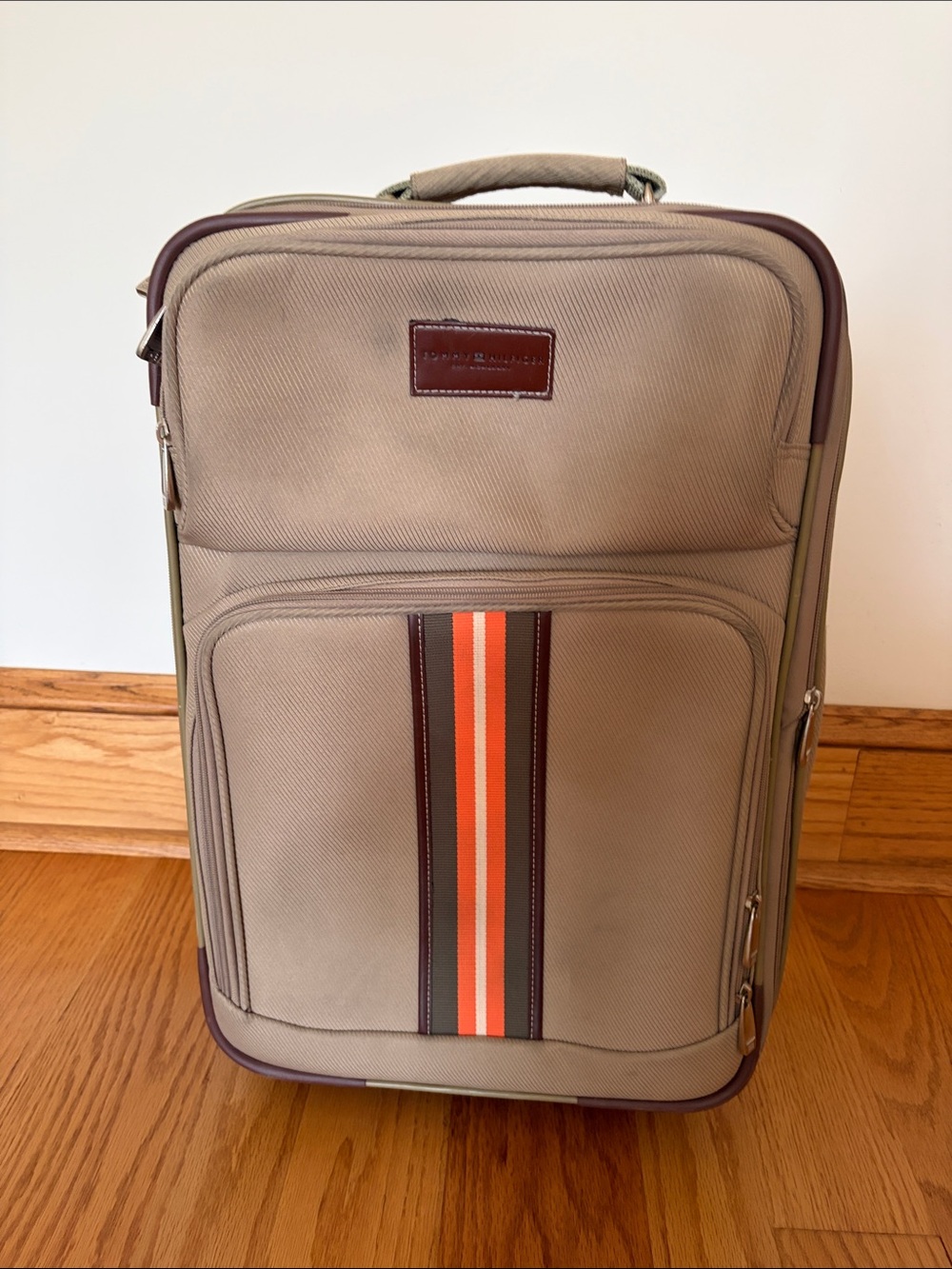 Tommy Hilfliger Tan Carry-On Bag with Orange Accent Stripe
